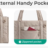 Close-up view of an external handy pocket on a beige quilted tote bag showing zippered and quick-access pockets.