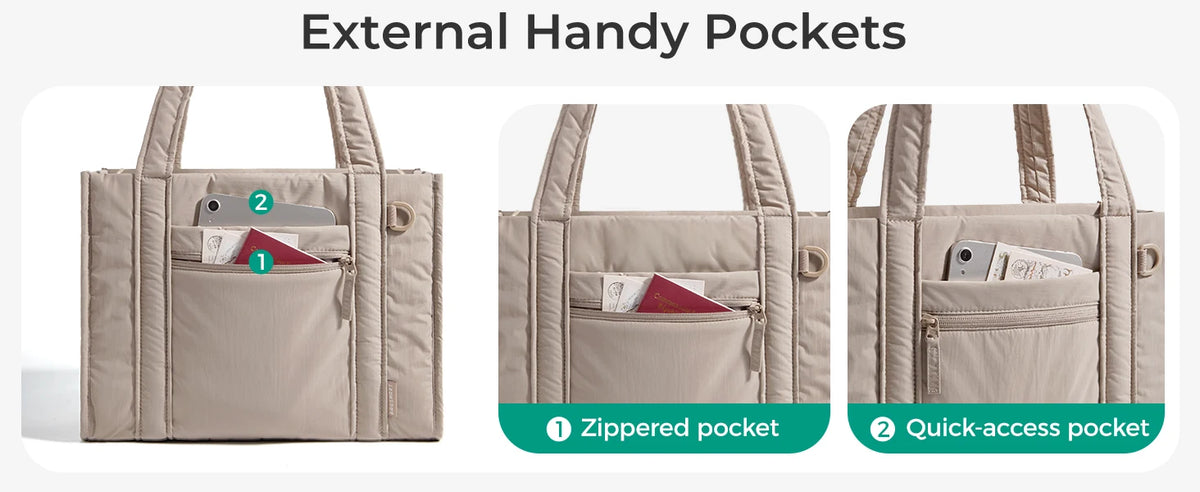 Close-up view of an external handy pocket on a beige quilted tote bag showing zippered and quick-access pockets.