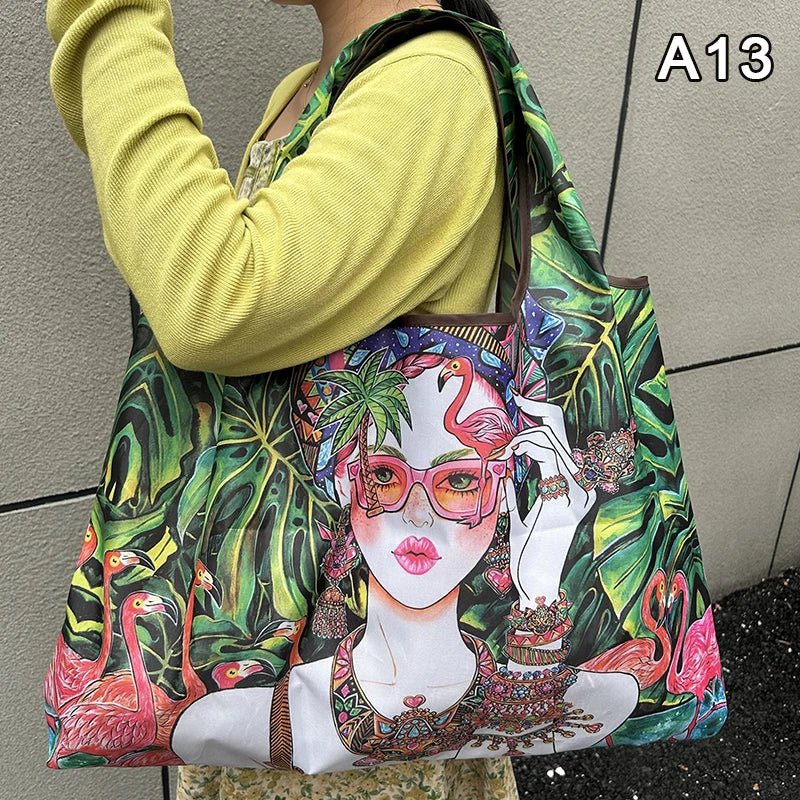 A tote bag featuring a colorful illustration of a woman wearing pink glasses and adorned with tropical foliage.