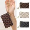 Three geometric mini coin purses in brown black beige and black leather with gold chains