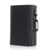 Black genuine leather RFID blocking card wallet shown in a vertical view.