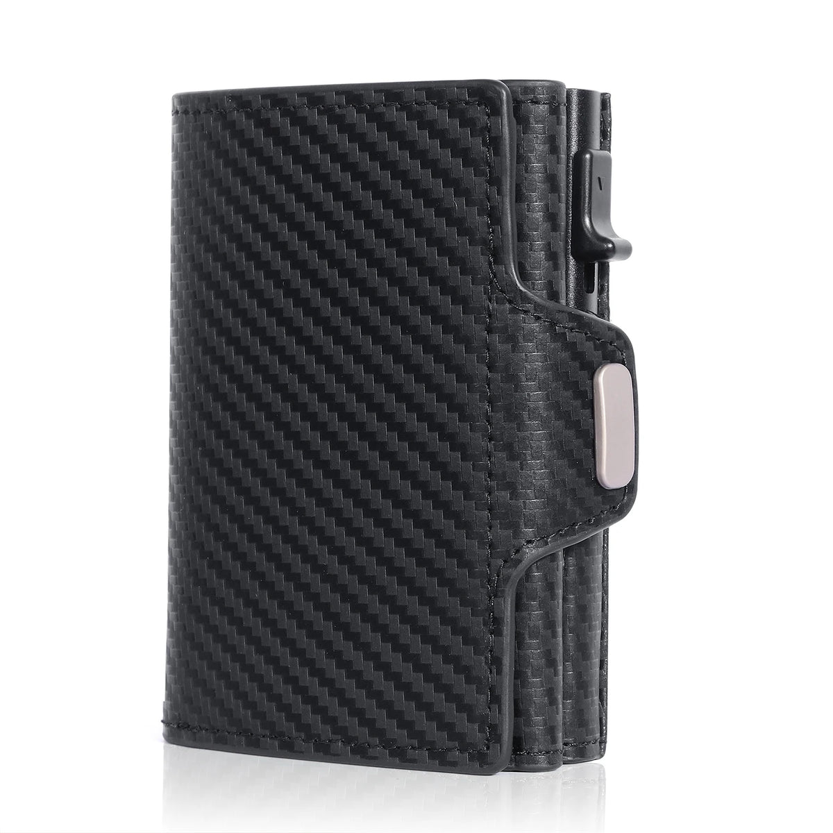 Black genuine leather RFID blocking card wallet shown in a vertical view.
