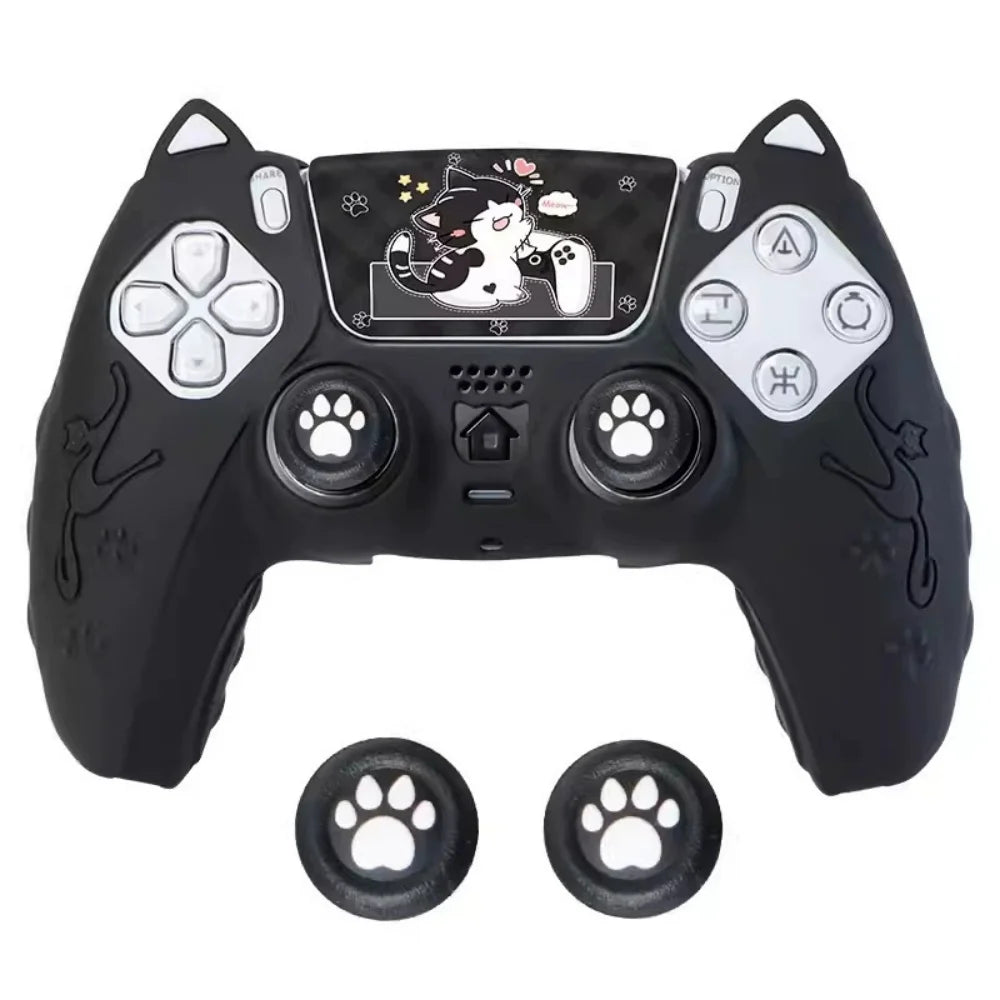 Black silicone grip cover for a PlayStation 5 controller featuring a cat design.