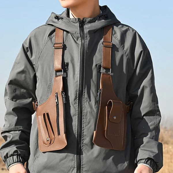 A man wearing a gray tactical storage vest bag for hiking and travel.