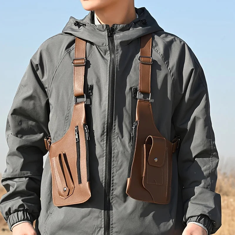 A person wearing a gray tactical jacket with a brown chest bag attached to the front zipper.