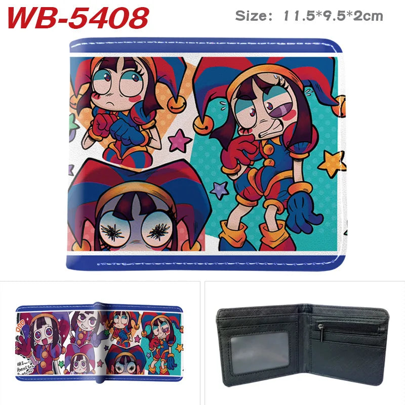 Lila und blaues Kunstleder-Klappwallet mit klarem Fenster und schwarzer Außenseite.