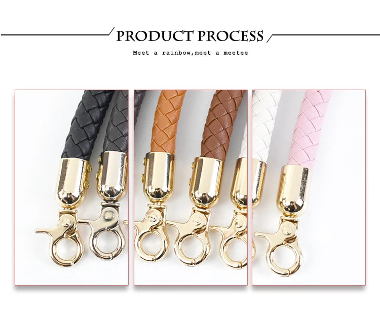 Close-up view of replaceable leather bag handles in various colors, including black, brown, white, and pink, attached to meta