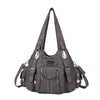 A dark gray vintage PU leather hobo shoulder bag with a flap closure and chain detail.