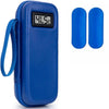 Blue insulin cooler travel case with a digital thermometer and two blue temperature sensors
