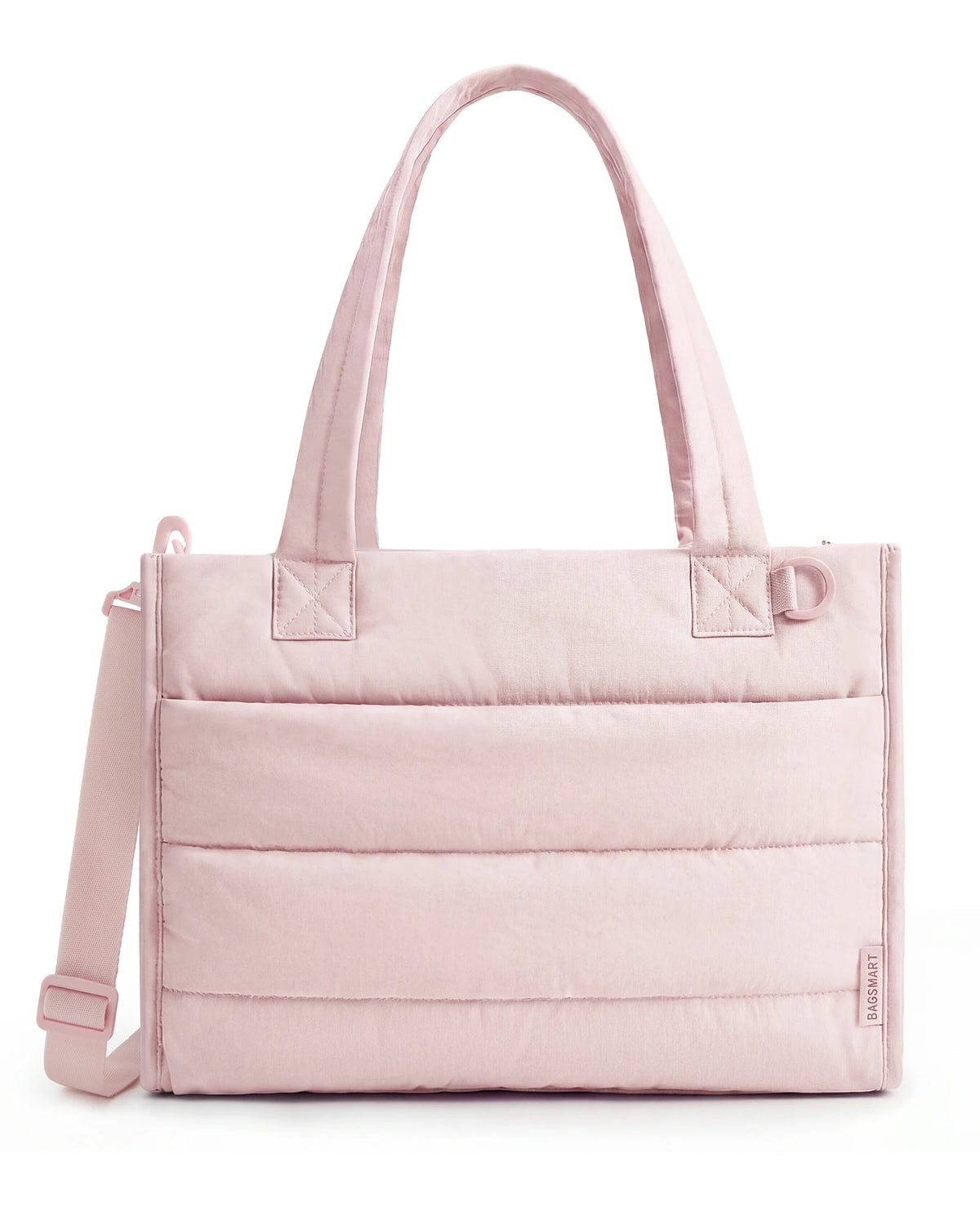 Hellrosa gesteppte Tasche mit Henkel und quadratischen Taschen vor weißem Hintergrund