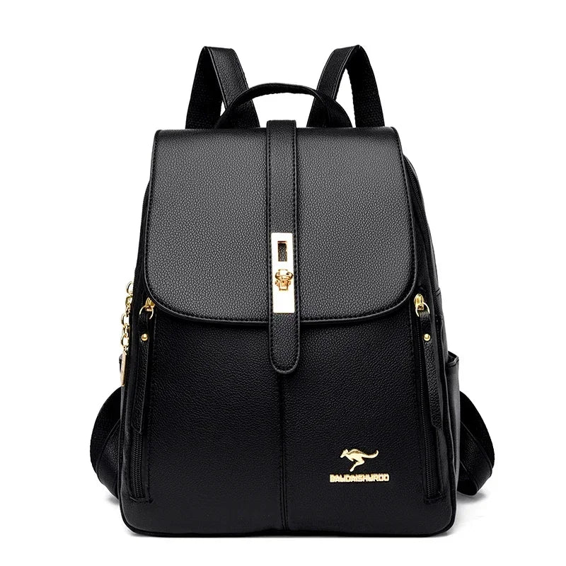Sac à dos en cuir microfibre noir avec quincaillerie dorée, vue de dos.