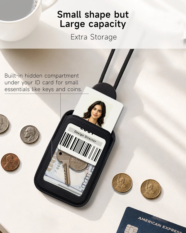 Black leather ID card holder with a neck strap holding various small items like keys and coins