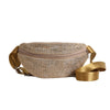A gold-toned, rhinestone-embellished crossbody waist bag with a matching adjustable strap.