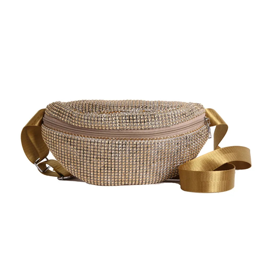 A gold-toned, rhinestone-embellished crossbody waist bag with a matching adjustable strap.