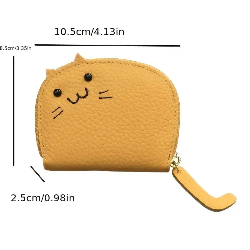 A tan, rounded cartoon cat design multi-card wallet with a gold-colored strap.