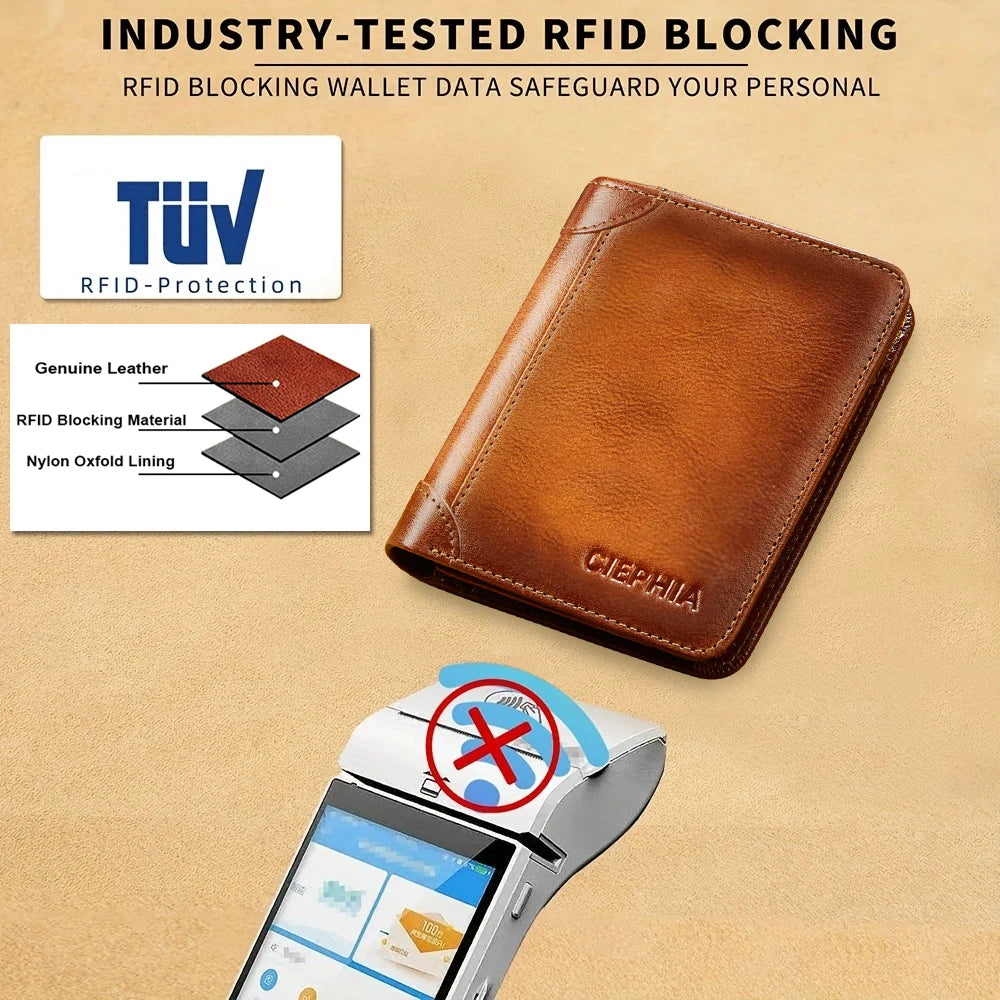 A brown leather bifold wallet is shown next to a smartphone, illustrating RFID blocking technology.