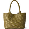 A woven olive green vegan leather tote bag with a handle shown from the front.