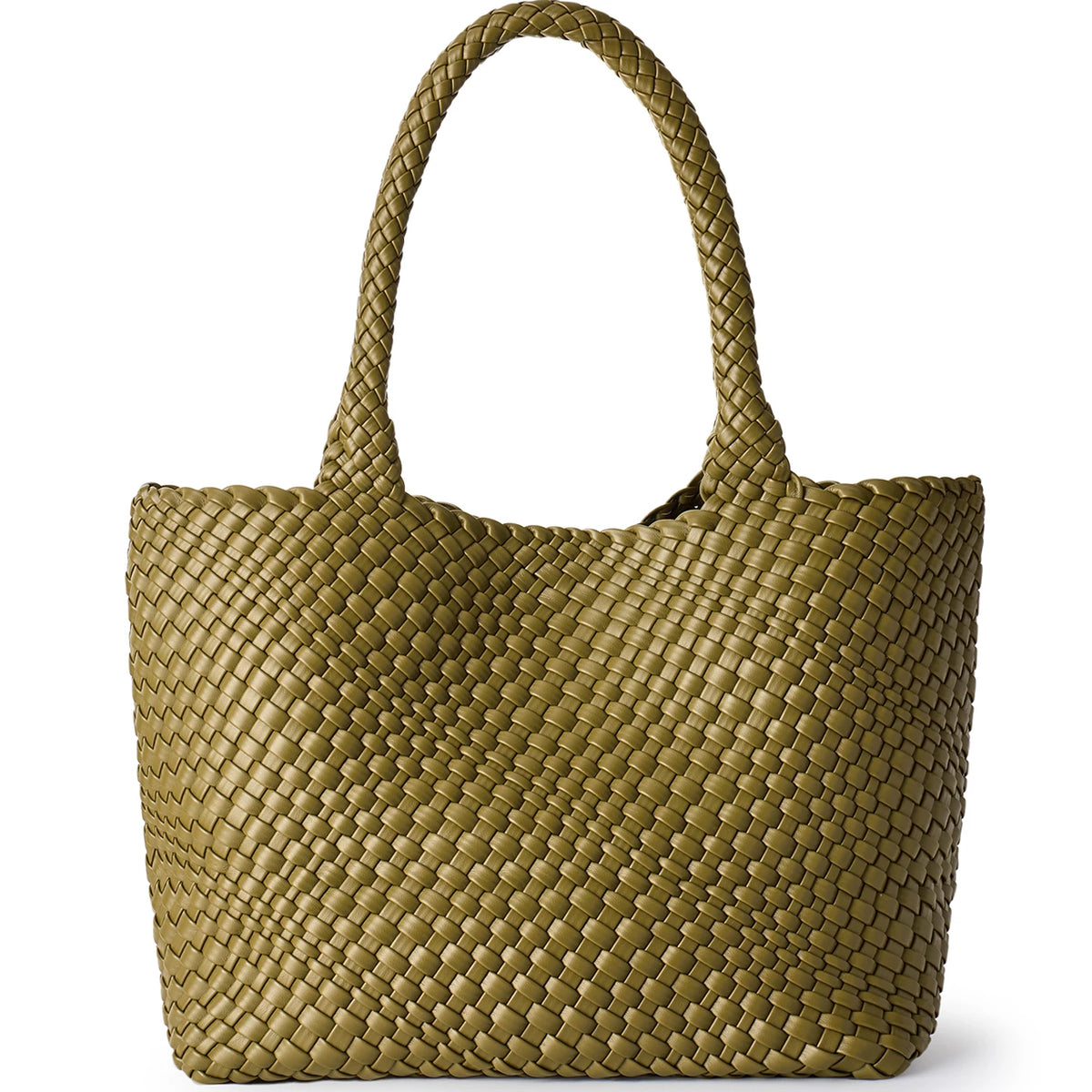 A woven olive green vegan leather tote bag with a handle shown from the front.