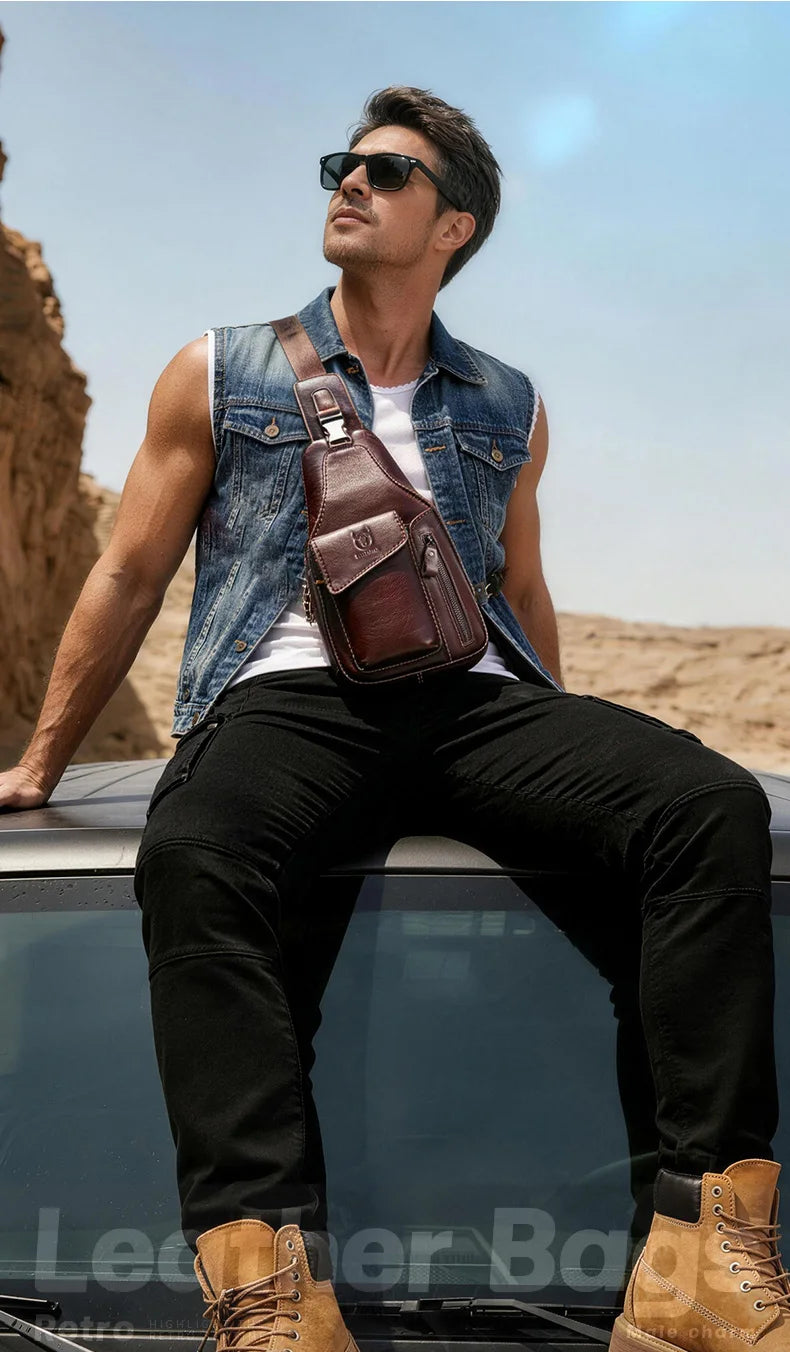 A man wearing a denim shirt and black pants is posing with a brown leather sling backpack.