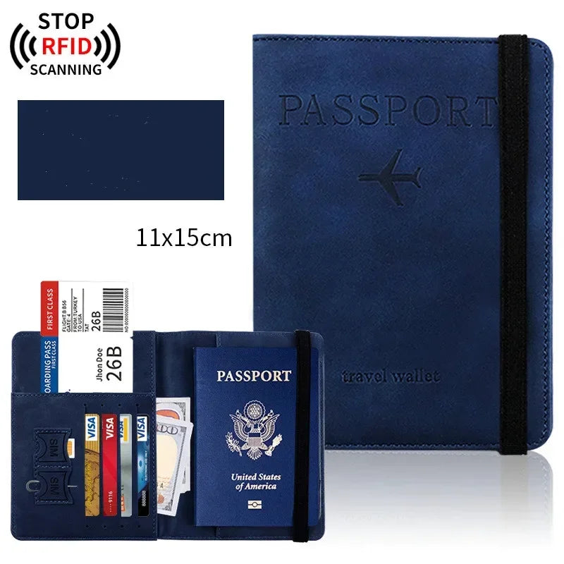 Portefeuille de passeport bleu foncé avec support de carte anti-RFID et icône de scanner.