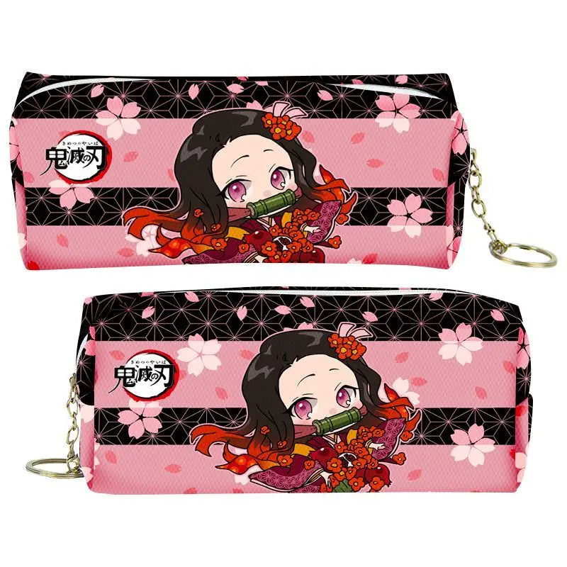 Pink and black patterned PU leather pencil case featuring a Demon Slayer character design.