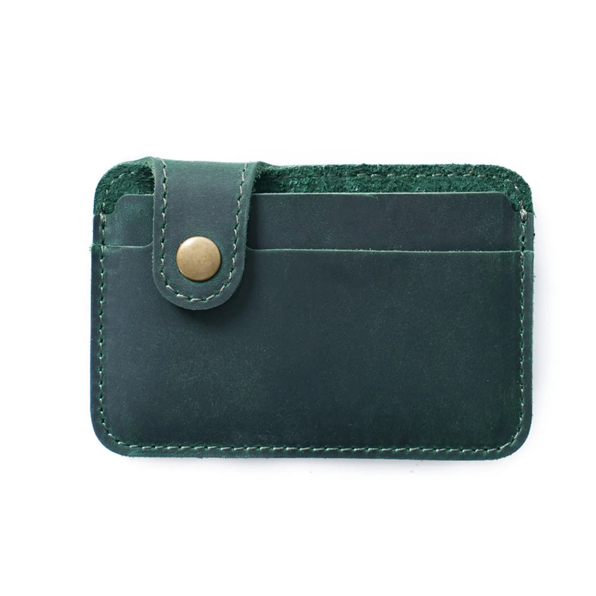 Porta tarjetas delgado de cuero genuino verde oscuro con solapa cosida y botón de latón.