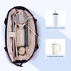 A quilted tote bag containing two stainless steel tumblers, one without a handle and one with a handle.
