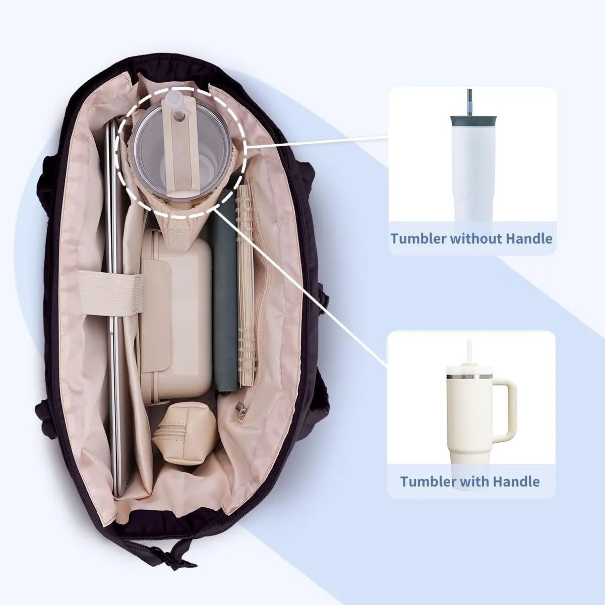 A quilted tote bag containing two stainless steel tumblers, one without a handle and one with a handle.