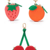 A red cherry fruit shape coin purse keychain with a green leaf detail.