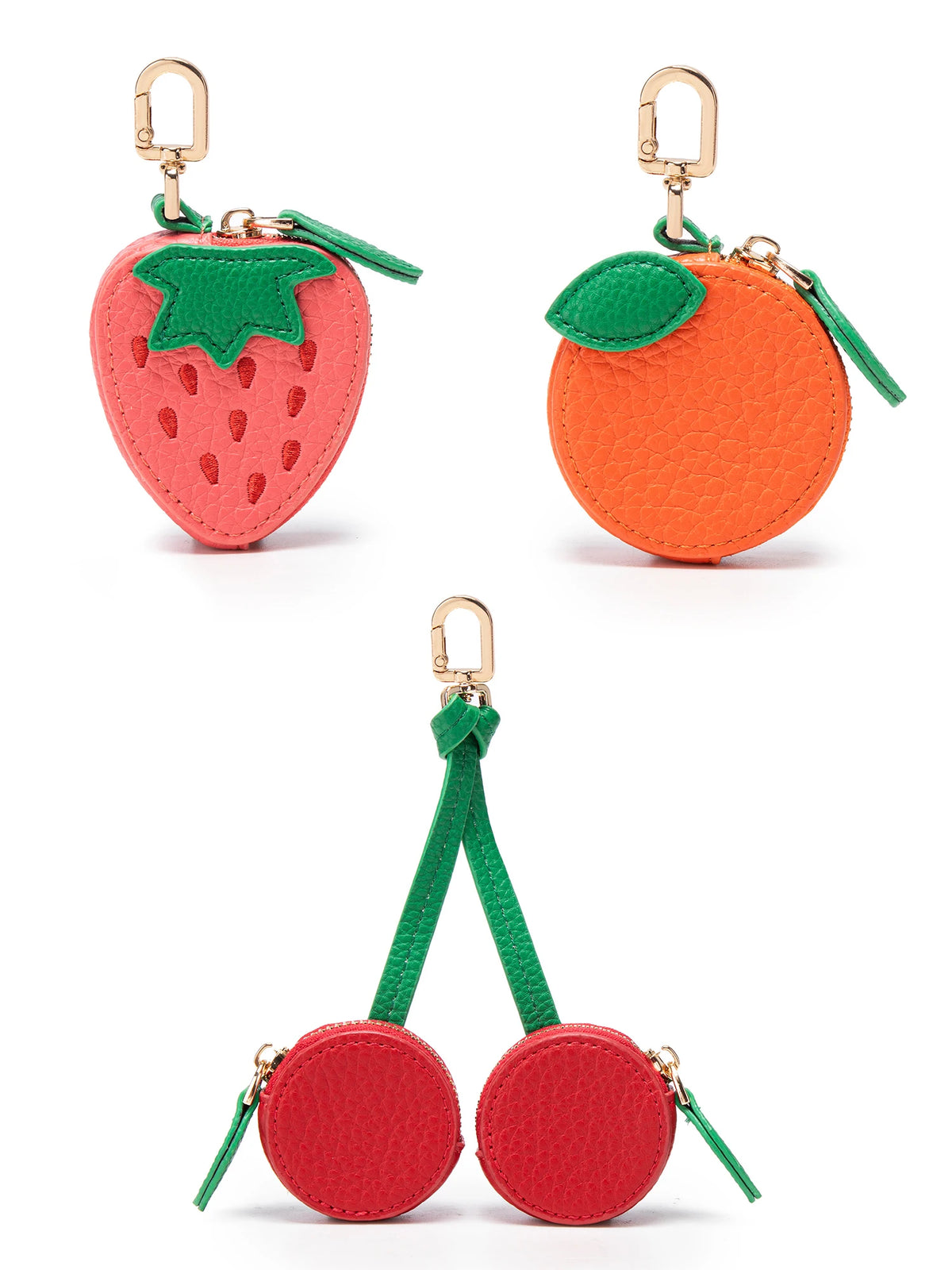 A red cherry fruit shape coin purse keychain with a green leaf detail.