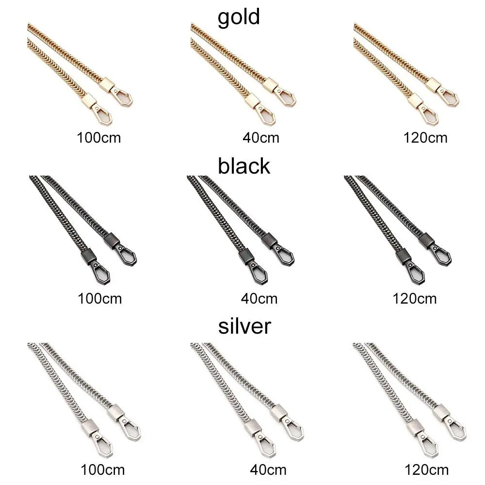 Various lengths of metal bag chain straps in gold, black, and silver colors.