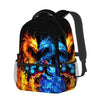 A black backpack featuring a vibrant, fiery blue dragon design with glowing eyes and game controller accents.