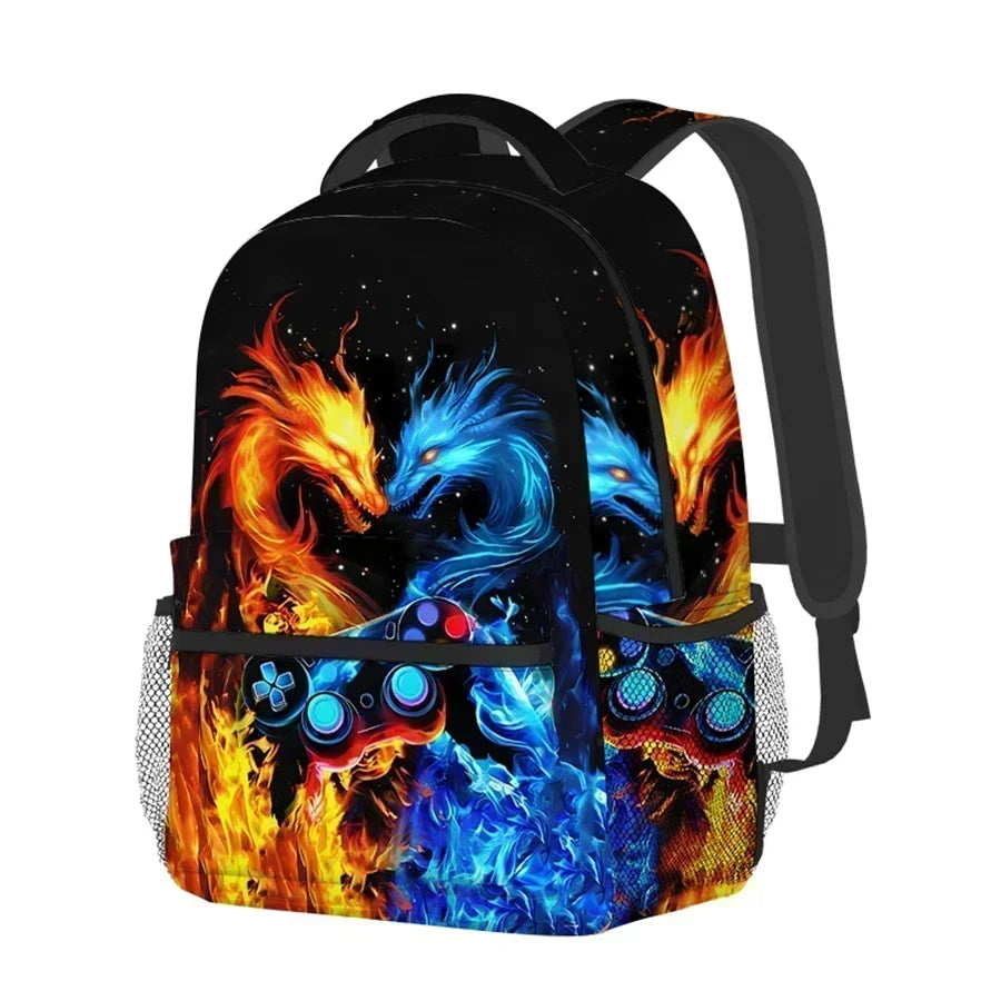 A black backpack featuring a vibrant, fiery blue dragon design with glowing eyes and game controller accents.