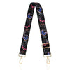 Black nylon crossbody bag strap with pink and blue butterfly print and gold hardware