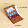 A brown genuine leather bifold wallet showing photo slots, credit card slots, and SD/SIM card bits.