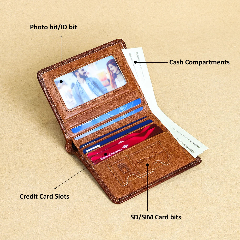 A brown genuine leather bifold wallet showing photo slots, credit card slots, and SD/SIM card bits.