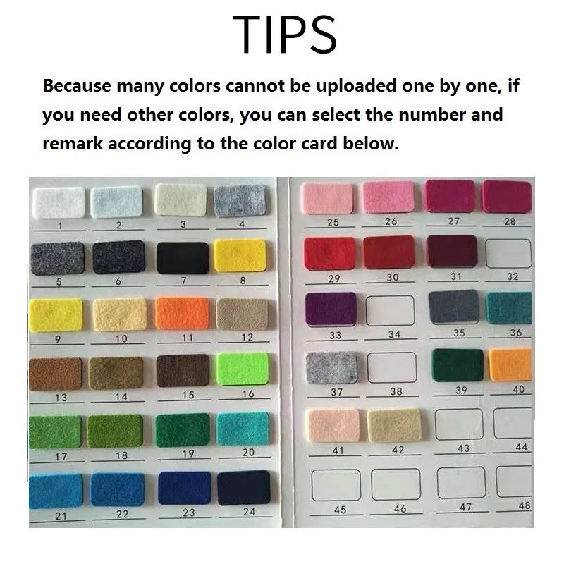 A grid of colored felt cloth cards showing various shades for a bag organizer