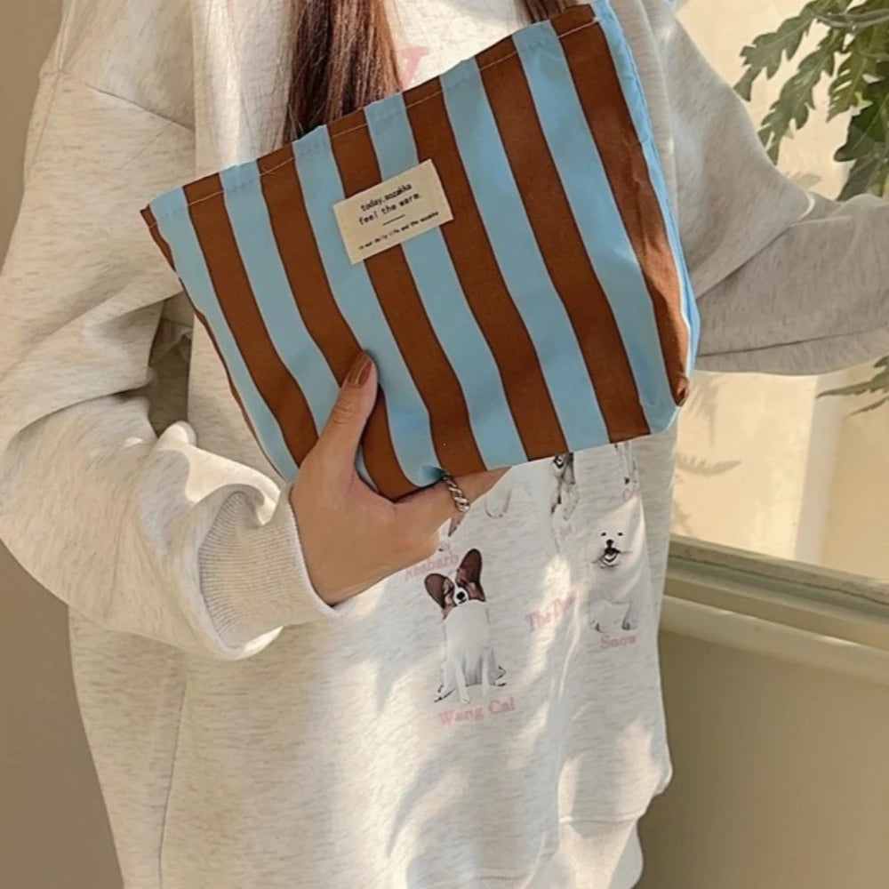Una bolsa de lienzo con rayas marrón y azul es sostenida por una persona que lleva una sudadera gris claro.