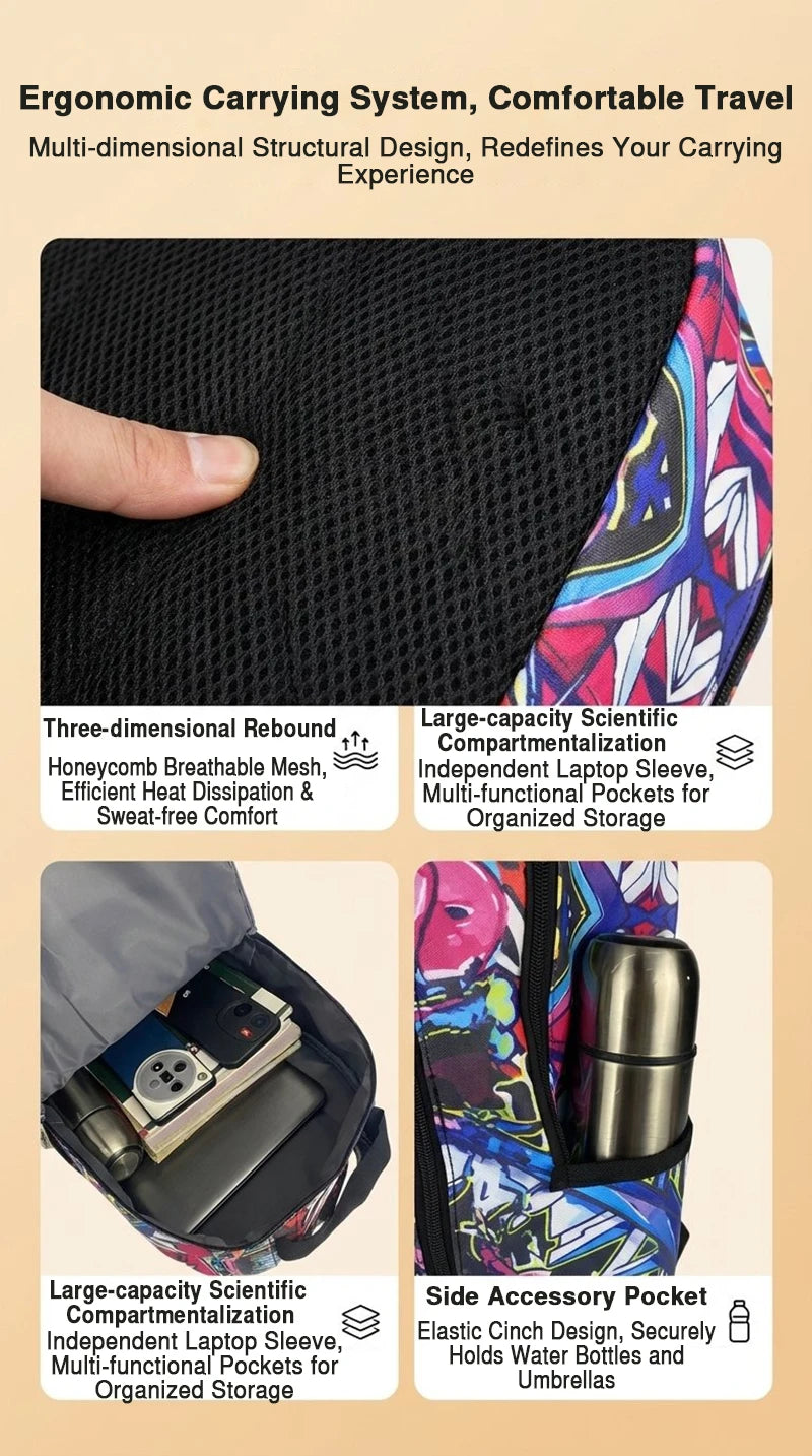 A close-up view of a black backpack showing various features like breathable mesh and side pockets.
