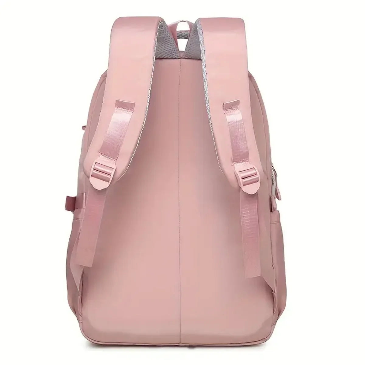 A pink versatile travel backpack with gray straps shown from the back.