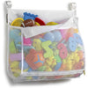 A clear mesh organizer bag filled with various colorful hanging bath toys and plastic items.