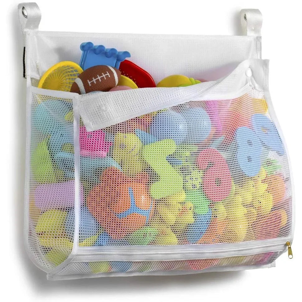 A clear mesh organizer bag filled with various colorful hanging bath toys and plastic items.