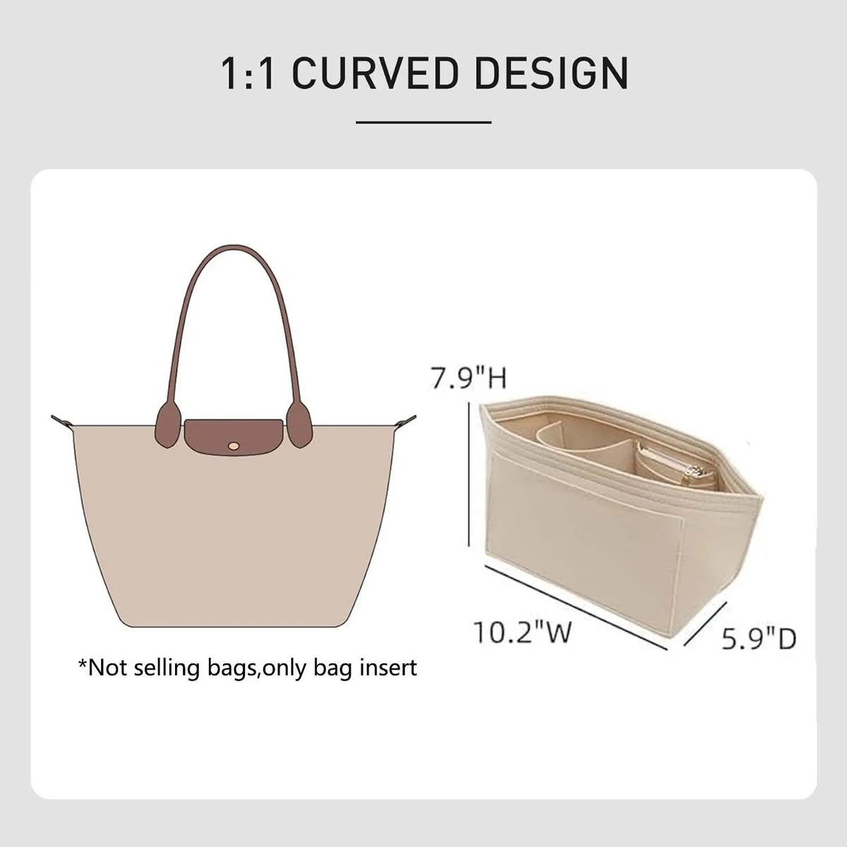 A light beige felt mini bag organizer pouch with a curved design and a handle.