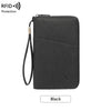 Black multi-functional RFID blocking passport and document holder with a lanyard