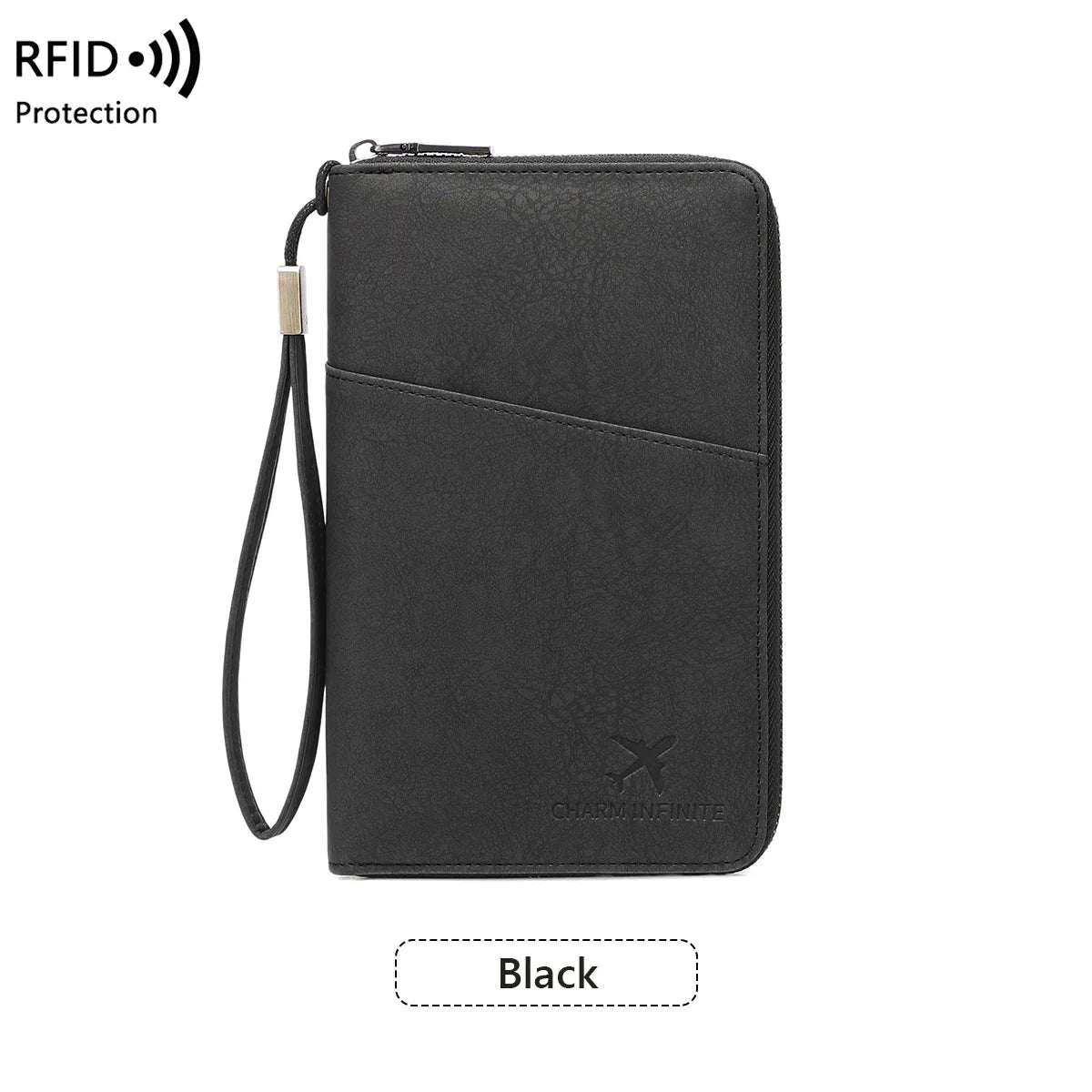 Black multi-functional RFID blocking passport and document holder with a lanyard
