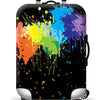 A black suitcase with a vibrant paint splatter design featuring bright colors like yellow, green, blue, and purple.