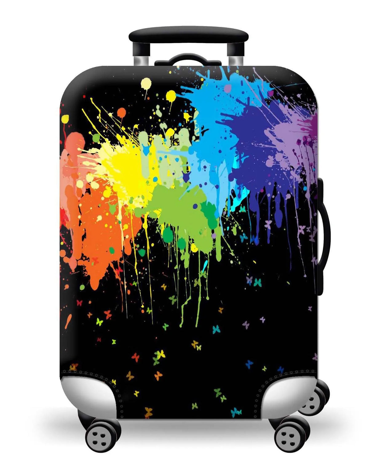 A black suitcase with a vibrant paint splatter design featuring bright colors like yellow, green, blue, and purple.