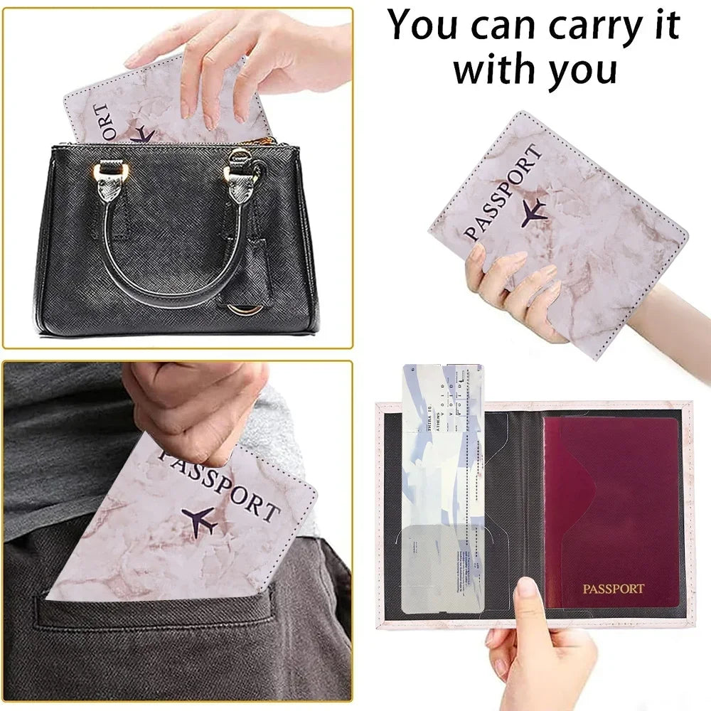 Una funda de pasaporte de cuero sintético negro siendo llevada en un bolso y colocada en un bolsillo.