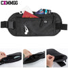 A black RFID blocking anti-theft money belt is shown open, displaying various cards and cash inside.