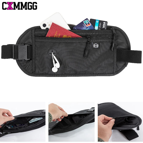 A black RFID blocking anti-theft money belt is shown open, displaying various cards and cash inside.
